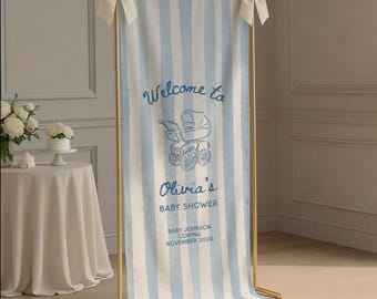 Stripe Linen Baby Shower Banner, Custom Fabric Baby Shower Welcome Sign, Personalized Baby Shower Welcome Sign Shower Decor Photo Backdrop