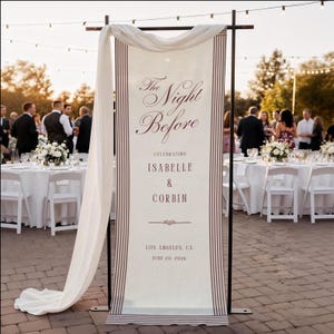 Rehearsal Dinner Welcome Sign, The Night Before Wedding Rehearsal Custom Linen Party Banner Fabric Welcome Party Sign Photo Backdrop Striped Maroon