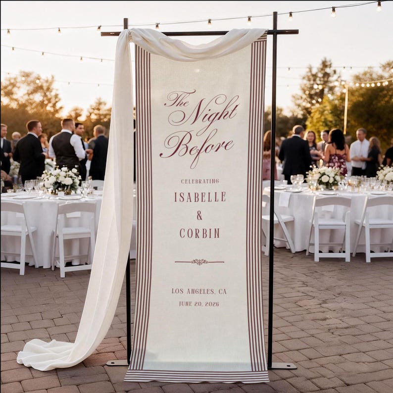 Rehearsal Dinner Welcome Sign, The Night Before Wedding Rehearsal Custom Linen Party Banner Fabric Welcome Party Sign Photo Backdrop Striped Maroon