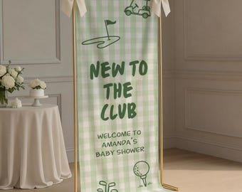 Golf New to the Club Baby Shower Welcome Sign, Custom Linen Fabric Baby Shower Banner, Baby Shower Decor Backdrop, Gingham Golfing Theme
