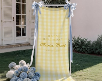 Bannière joyeux anniversaire avec texte personnalisé, tissu de signe d'anniversaire en lin personnalisé bannière murale fête premier anniversaire toile de fond tapisserie rayures vichy