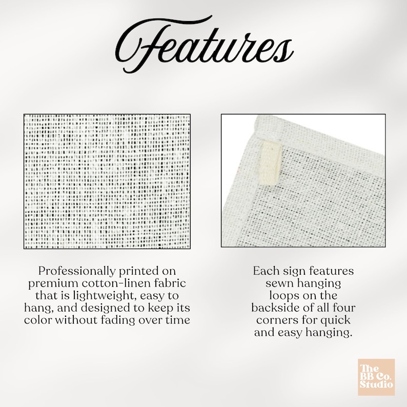 May include: A product feature graphic titled Features, displaying a close-up of white and black woven cotton-linen fabric and a corner of the fabric with a sewn hanging loop. Text explains the fabric quality and the four corner hanging loops.
