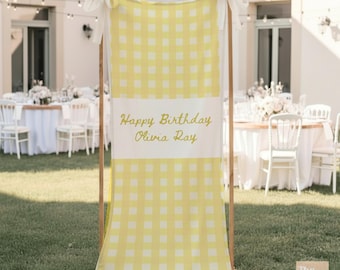 Custom Text Happy Birthday Sign Personalized Linen Birthday Banner Fabric 1st Birthday Party Banner Backdrop  Gingham Cotton Cloth Tapestry