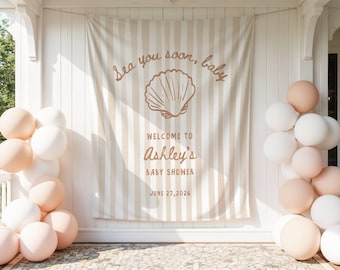 Sea You Soon Baby Shower Welcome Sign Custom Fabric Personalized Baby Shower Banner Coastal Tapestry for Baby Sprinkle Decor Backdrop Stripe