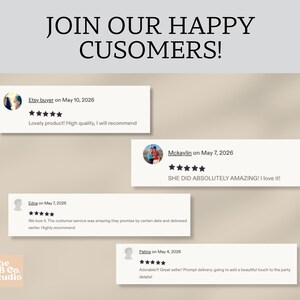 May include: A graphic display titled JOIN OUR HAPPY CUSOMERS! featuring four customer reviews with five-star ratings. Each review includes a name, date, and text. A small square logo for The BB Co. Studio is visible in the bottom left corner.