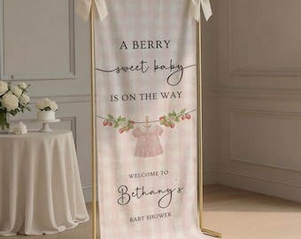 Berry Sweet Baby Shower Welcome Sign, Custom Fabric Personalized Baby Shower Sign, Strawberry Welcome Sign for Baby Shower Decor Backdrop
