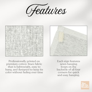 May include: A product feature graphic titled Features, displaying a close-up of white and black woven cotton-linen fabric and a corner of the fabric with a sewn hanging loop. Text explains the fabric quality and the four corner hanging loops.