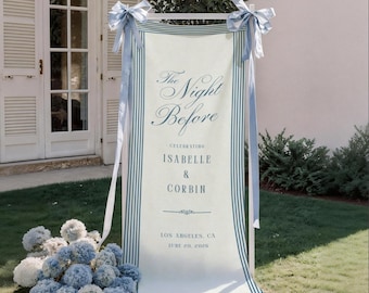Rehearsal Dinner Welcome Sign, The Night Before Wedding Rehearsal Custom Linen Party Banner Fabric Welcome Party Sign Photo Backdrop Striped