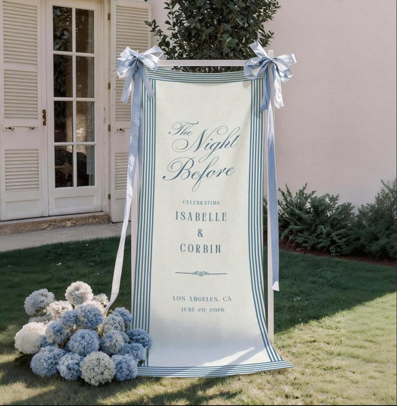 Rehearsal Dinner Welcome Sign, The Night Before Wedding Rehearsal Custom Linen Party Banner Fabric Welcome Party Sign Photo Backdrop Striped
