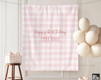 Personalized Birthday Banner, Custom Name Birthday Backdrop Fabric Birthday Sign Milestone Party Decor Simple Birthday Tapestry Gingham Girl
