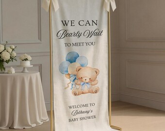Bearly Wait Baby Shower Sign, Custom Linen Fabric Baby Shower Welcome Sign Personalized Boy Bear Welcome Banner Shower Decor Photo Backdrop
