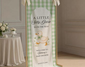 A Little Goose Baby Shower Sign Custom Linen Fabric Baby Shower Welcome Sign Personalized Gingham Baby Sprinkle Banner Decor Photo Backdrop