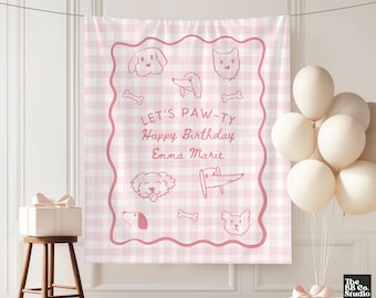 Puppy Birthday Sign, Custom Dog Birthday Banner, Happy Birthday Fabric Banner, Let’s Pawty Photo Backdrop Welcome Sign 1st Birthday Tapestry