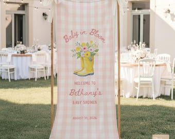 Baby in Bloom Linen Baby Shower Sign, Custom Fabric Baby Shower Welcome Sign, Personalized Baby Sprinkle Banner Gingham Decor Photo Backdrop