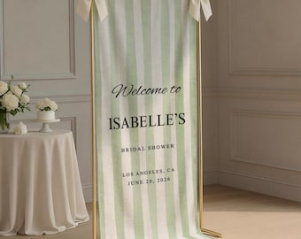 Custom Linen Bridal Shower Welcome Sign, Fabric Wedding Shower Banner, Minimalist Bachelorette Party Decor, Outdoor Photo Sign, Green Stripe