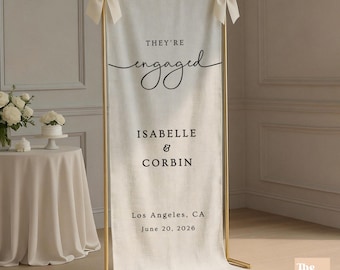 Custom Linen Engagement Party Banner Fabric Welcome Party Sign Photo Booth Backdrop Just Engaged Party Decorations Engaged Couple Banner