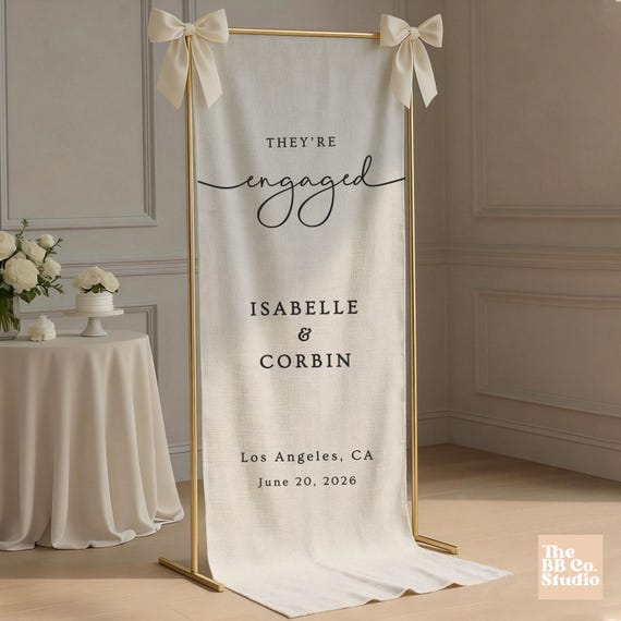 Custom Linen Engagement Party Banner Fabric Welcome Party Sign Photo Booth Backdrop Just Engaged Party Decorations Engaged Couple Banner