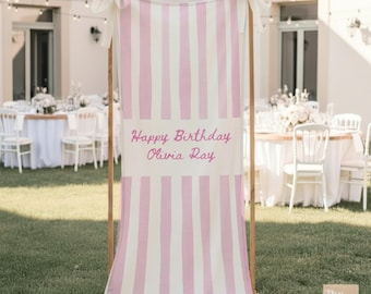 Custom Text Birthday Banner, Personalized Linen Happy Birthday Sign Fabric First Birthday Party Wall Banner Backdrop Tapestry, Striped
