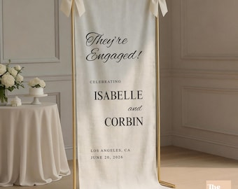 Custom Linen Engagement Party Banner Fabric Welcome Party Sign Photo Booth Backdrop Just Engaged Party Decorations Engaged Couple Banner