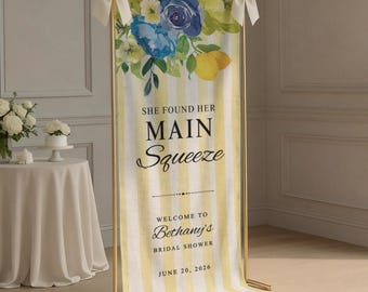 Panneau de bienvenue pour shower de mariage Found Her Main Squeeze, bannière de shower de mariage en tissu, panneau photo à rayures en lin personnalisé