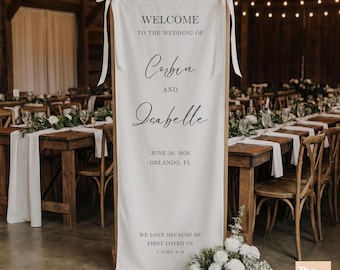 Bible Verse Linen Wedding Welcome Sign, Fabric Wedding Banner, Custom Linen Wedding Sign, Outdoor Ceremony Decor, Christian Entrance Sign