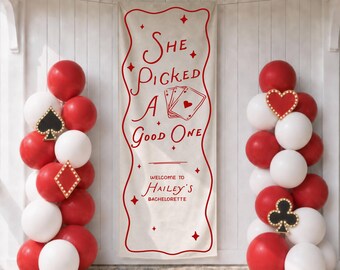 She Picked a Good One Las Vegas Bachelorette Party Sign, Custom Bridal Shower Welcome Sign, Personalized Linen Fabric Casino Decor Backdrop