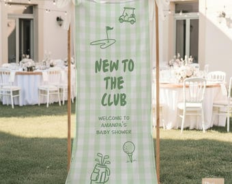 Panneau de bienvenue pour baby shower pour nouveauté golf, bannière de baby shower en tissu de lin personnalisée, toile de fond décoration baby shower, thème golf vichy