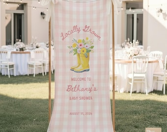 Locally Grown Baby Shower Welcome Sign Fabric Linen  Baby Shower Banner Rustic Baby Shower Decor Custom Baby Sprinkle Gingham Rain Boots