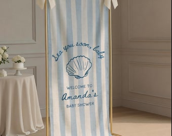 Stripe Sea You Soon Baby Shower Welcome Sign,  Custom Fabric Personalized Baby Shower Sign Welcome Sign for Baby Shower Decor Photo Backdrop