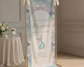 A Mermaid is On Her Way Baby Shower Welcome Sign, Custom Linen Fabric Baby Shower Banner, Baby Shower Decor Backdrop, Summer Theme Sprinkle