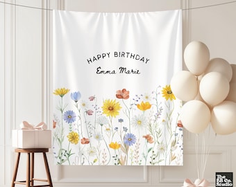 Personalized Birthday Banner, Custom Name Birthday Backdrop, Fabric Birthday Sign Milestone Party Decor Simple Birthday Tapestry Wildflower