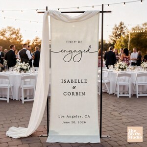 Custom Linen Engagement Party Banner Fabric Welcome Party Sign Photo Booth Backdrop Just Engaged Party Decorations Engaged Couple Banner image 3