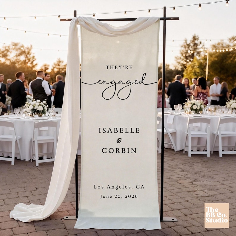 Custom Linen Engagement Party Banner Fabric Welcome Party Sign Photo Booth Backdrop Just Engaged Party Decorations Engaged Couple Banner image 3