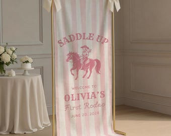 Bannière d'anniversaire premier rodéo, nom personnalisé pour le premier anniversaire de fond, décoration de fête en tissu pour fille cow-girl signe d'anniversaire, tapisserie pour 1er anniversaire