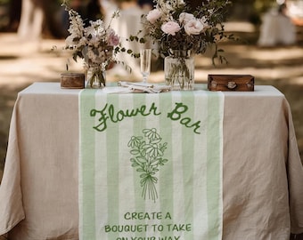 Flower Bar Sign, Striped Bridal Shower Linen Table Runner Custom Fabric Bridal Party Welcome Sign Gift Table Tablecloth Fresh off the Market