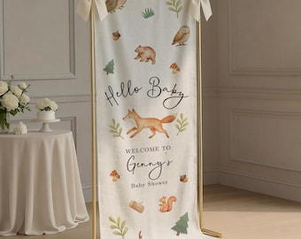 Woodland Animal Baby Shower Welcome Sign Custom Fabric Forest Theme Baby Shower Sign, Welcome Sign for Baby Shower Decor Hello Baby Backdrop