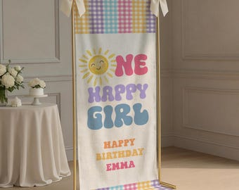 One Happy Girl First Birthday Welcome Sign, Personalized 1st Birthday Party Backdrop, Fabric Birthday Banner Decor Stripe Birthday Tapestry