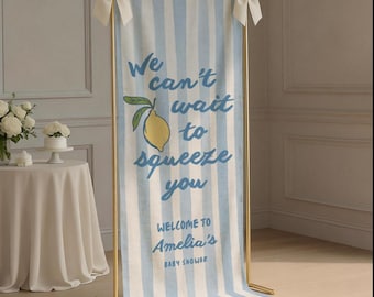 Can't Wait to Squeeze You Baby Shower Sign, Custom Linen Fabric Personalized Baby Shower Sign Lemon Welcome Sign Baby Shower Decor Backdrop