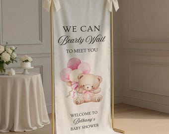 Bearly Wait Baby Shower Sign, Custom Linen Fabric Baby Shower Welcome Sign Personalized Girl Bear Welcome Banner Shower Decor Photo Backdrop