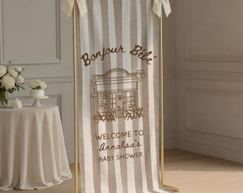 Bonjour Bebe Baby Shower Welcome Sign, Custom Linen Fabric Personalized Baby Sprinkle Sign, French Cafe Banner Decor Photo Backdrop Striped