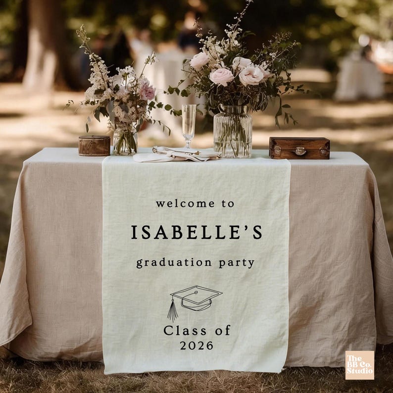 Grad Table Linen Graduation Party Linen Table Runner, Custom Fabric Welcome Gift Table ...