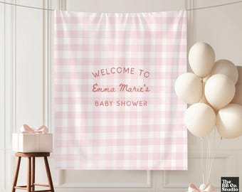 Custom Fabric Baby Shower Welcome Sign, Personalized Baby Shower Sign, Welcome Sign Baby Shower Decor Photo Backdrop, Pink Gingham Girl