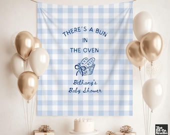 Bun in the Oven Fabric Baby Shower Welcome Sign, Custom Personalized Baby Shower Sign for Baby Shower Decor Photo Backdrop, Blue Gingham Boy