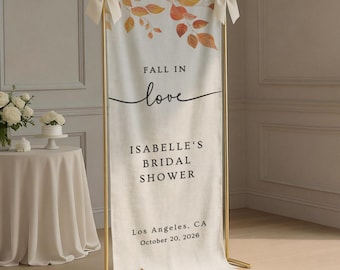 Fall in Love Bridal Shower Welcome Sign, Linen Fabric Bridal Party Entrance Banner Custom Couples Wedding Shower Decor Backdrop Autumn Theme