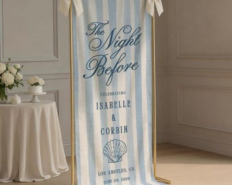 Panneau de bienvenue pour le dîner de répétition, rayures côtières la veille du mariage répétition personnalisée en lin, bannière de fête en tissu, toile de fond de fête de mariage