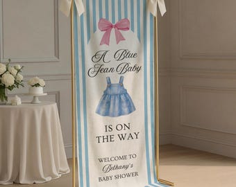 A Blue Jean Baby Shower Sign, Custom Linen Fabric Personalized Baby Shower Sign Lemon Welcome Sign Baby Shower Decor Backdrop, Denim Theme
