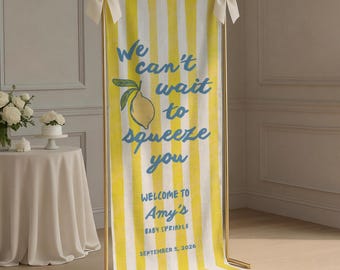 Can't Wait to Squeeze You Baby Shower Sign, Custom Linen Fabric Personalized Baby Shower Sign Lemon Welcome Sign Baby Shower Decor Backdrop