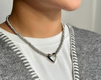 Chunky Silver Heart Necklace for Women, Statement Chain Choker, Y2K Grunge Jewelry, Gothic Punk Choker, Gift for Her