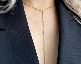 Gold Lariat Necklace: Stainless Steel Y Chain, Minimalist Sparkle Chain