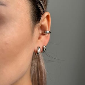 Double Hoop Earrings Duo Wrap Cartilage Cuff Silver Huggie Hoop Fake Double Piercing Minimalist Twin Hoops Non piercing Chunky Ear Cuff Gift